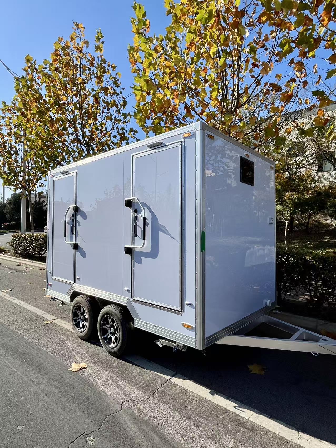 Mobile Dual-Stall Restroom Trailer - Portable 2-Compartment Toilet Unit for Weddings, Festivals & Construction Sites (Towable, Durable Exterior)