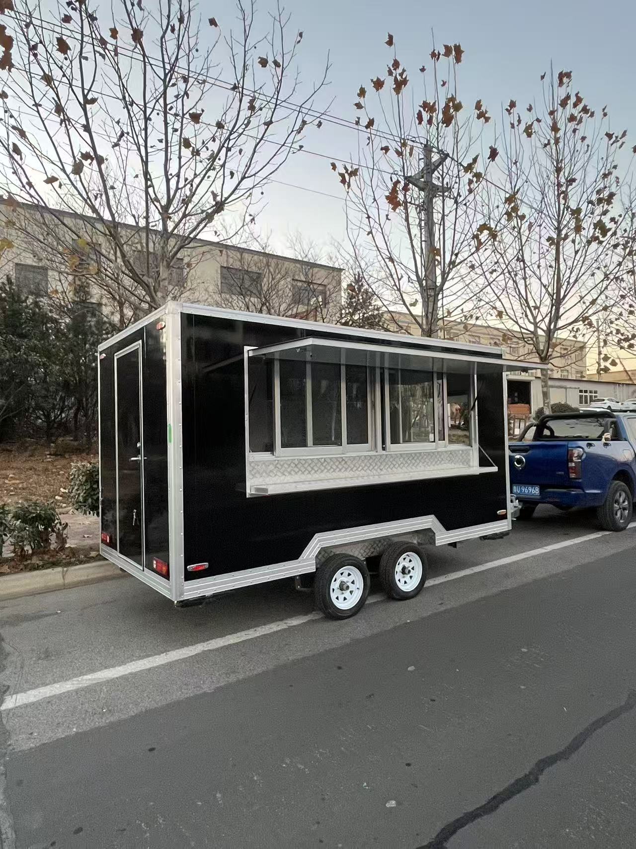 Trailer-type black mobile food truck, commercial multi-functional street food cart, coffee and milk tea mobile vending cart