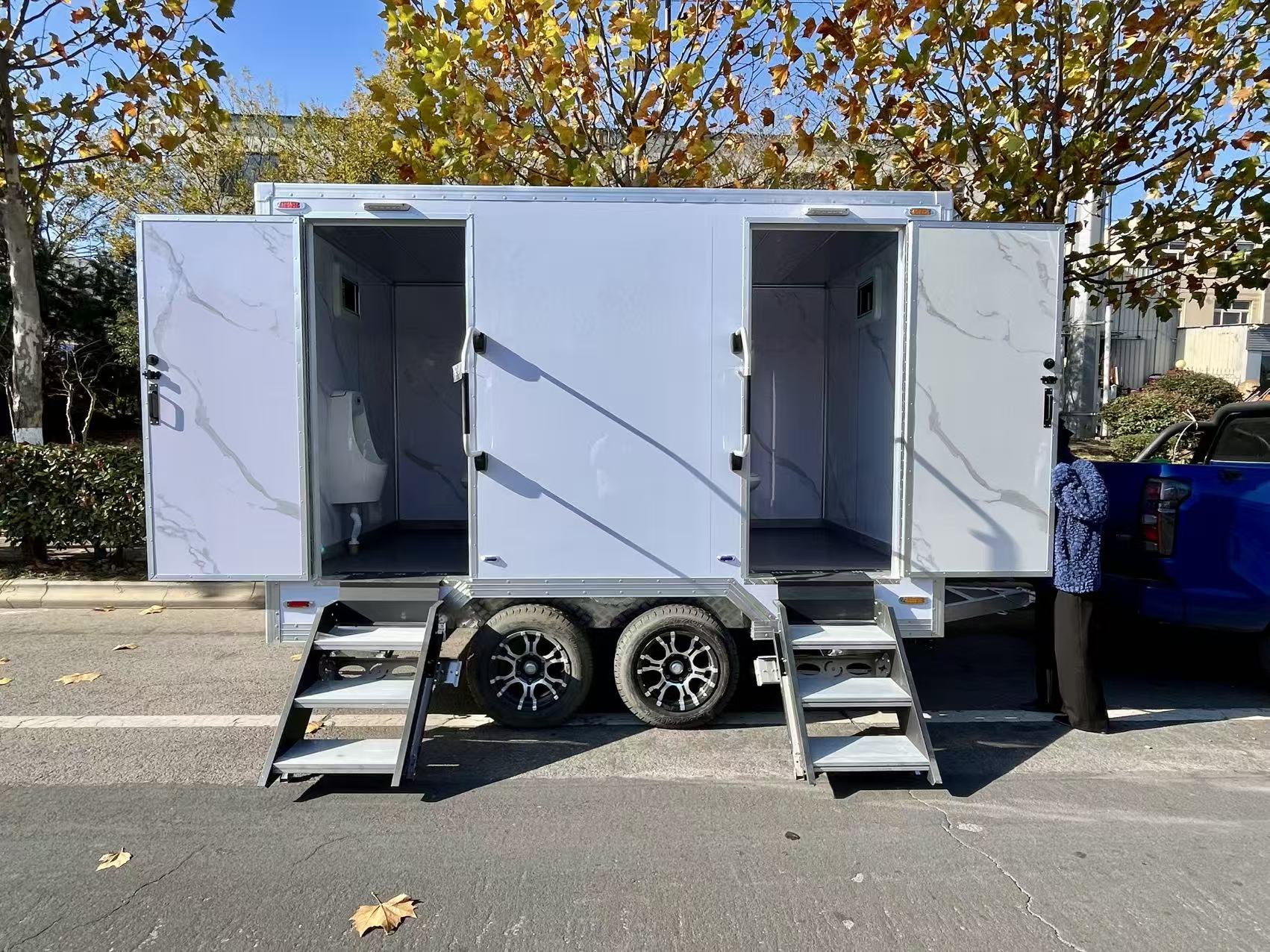 Mobile Dual-Stall Restroom Trailer - Portable 2-Compartment Toilet Unit for Weddings, Festivals & Construction Sites (Towable, Durable Exterior)