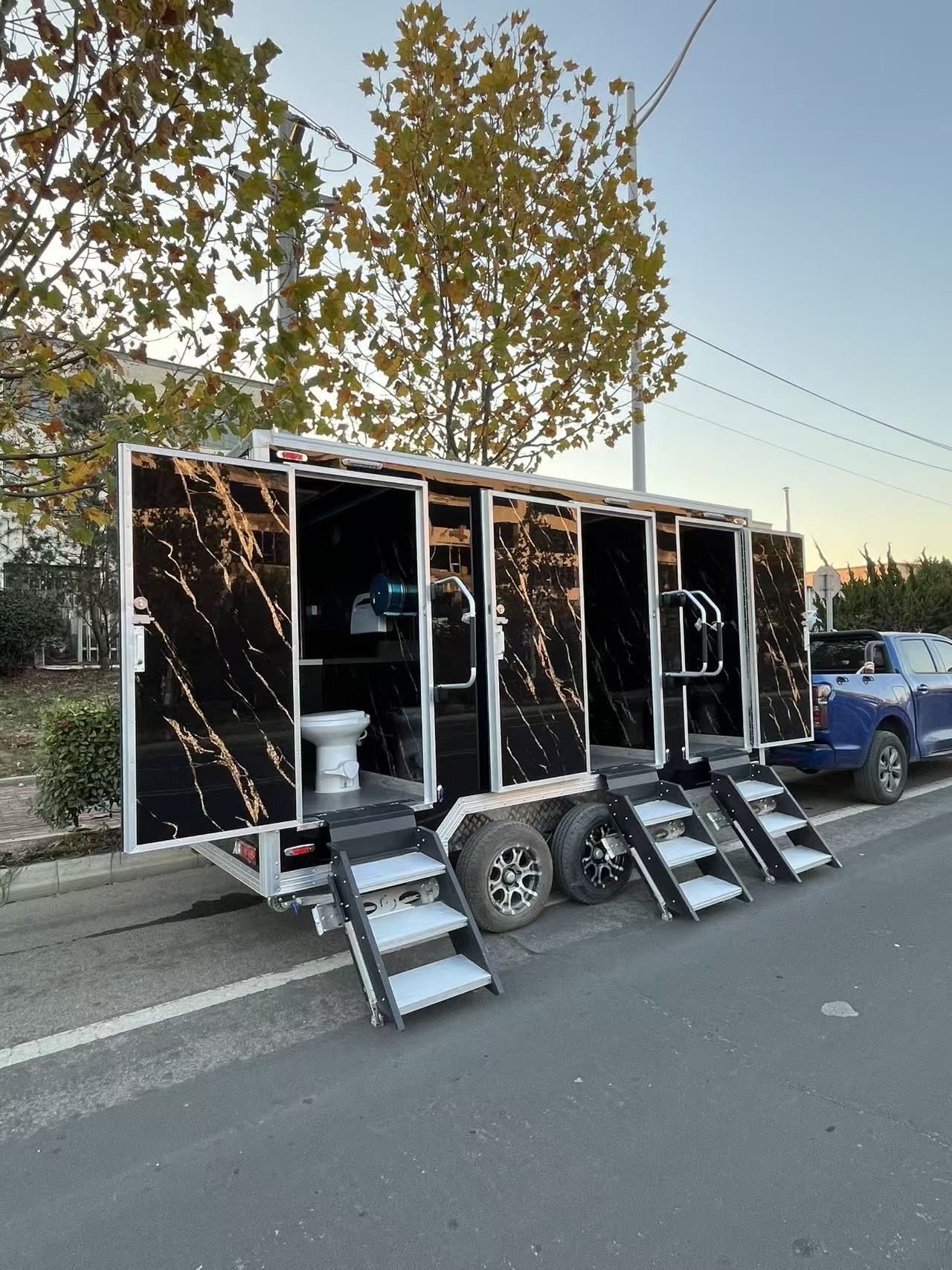 Quick-Setup Luxury Mobile Restroom | Multi-Stall Portable Toilet Trailer (Black Marble Design)