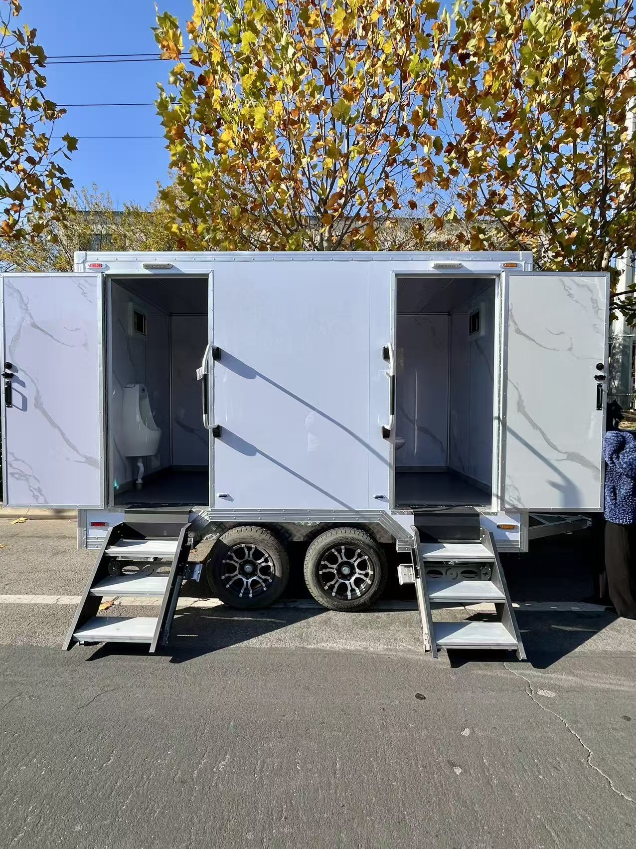 Mobile Dual-Stall Restroom Trailer - Portable 2-Compartment Toilet Unit for Weddings, Festivals & Construction Sites (Towable, Durable Exterior)