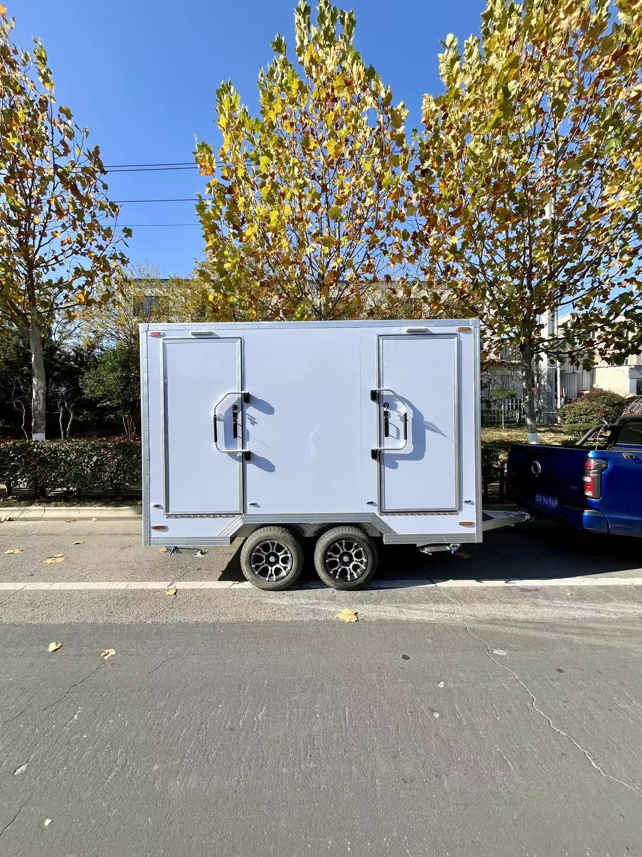 Mobile Dual-Stall Restroom Trailer - Portable 2-Compartment Toilet Unit for Weddings, Festivals & Construction Sites (Towable, Durable Exterior)