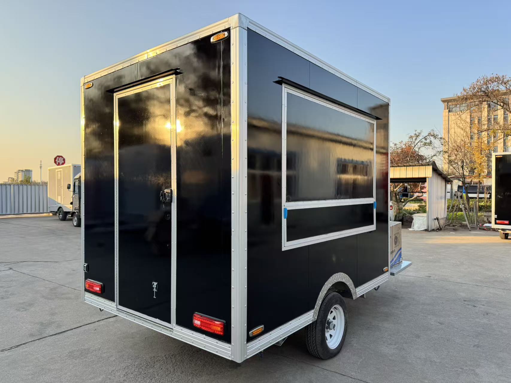 Street Food Event Black Square Mobile Food Trailer | Towable Concession Cart with Service Awning