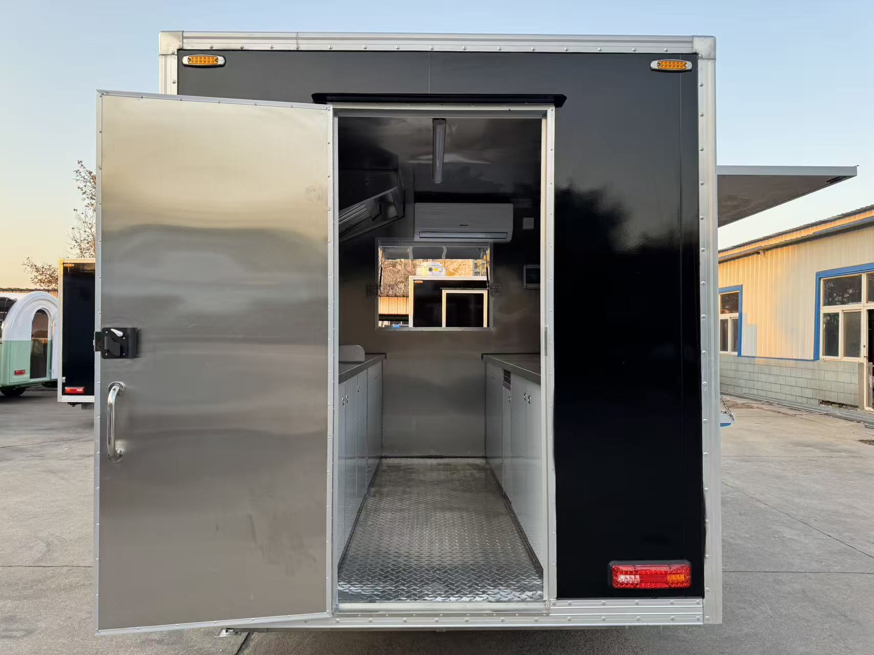 Street Food Event Black Square Mobile Food Trailer | Towable Concession Cart with Service Awning