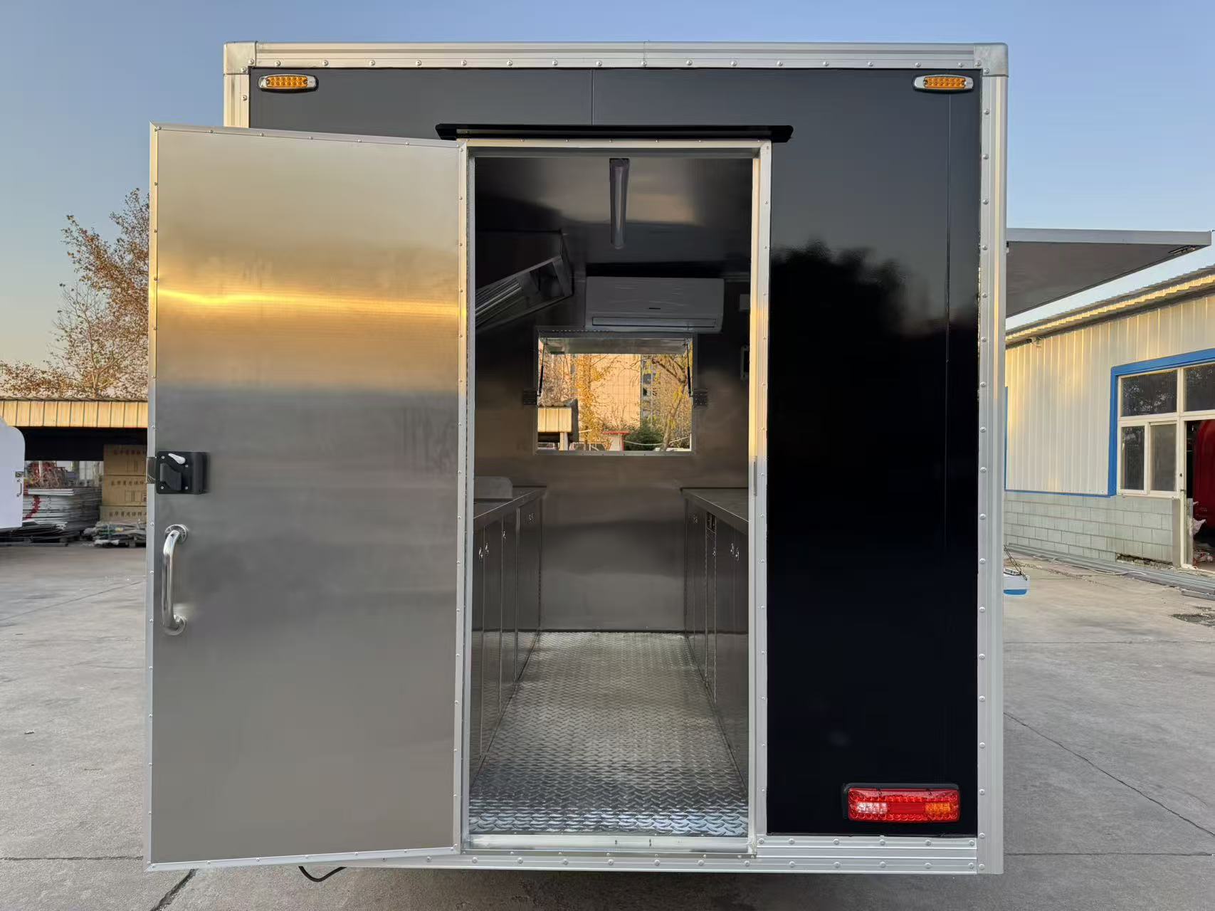 Street Food Event Black Square Mobile Food Trailer | Towable Concession Cart with Service Awning