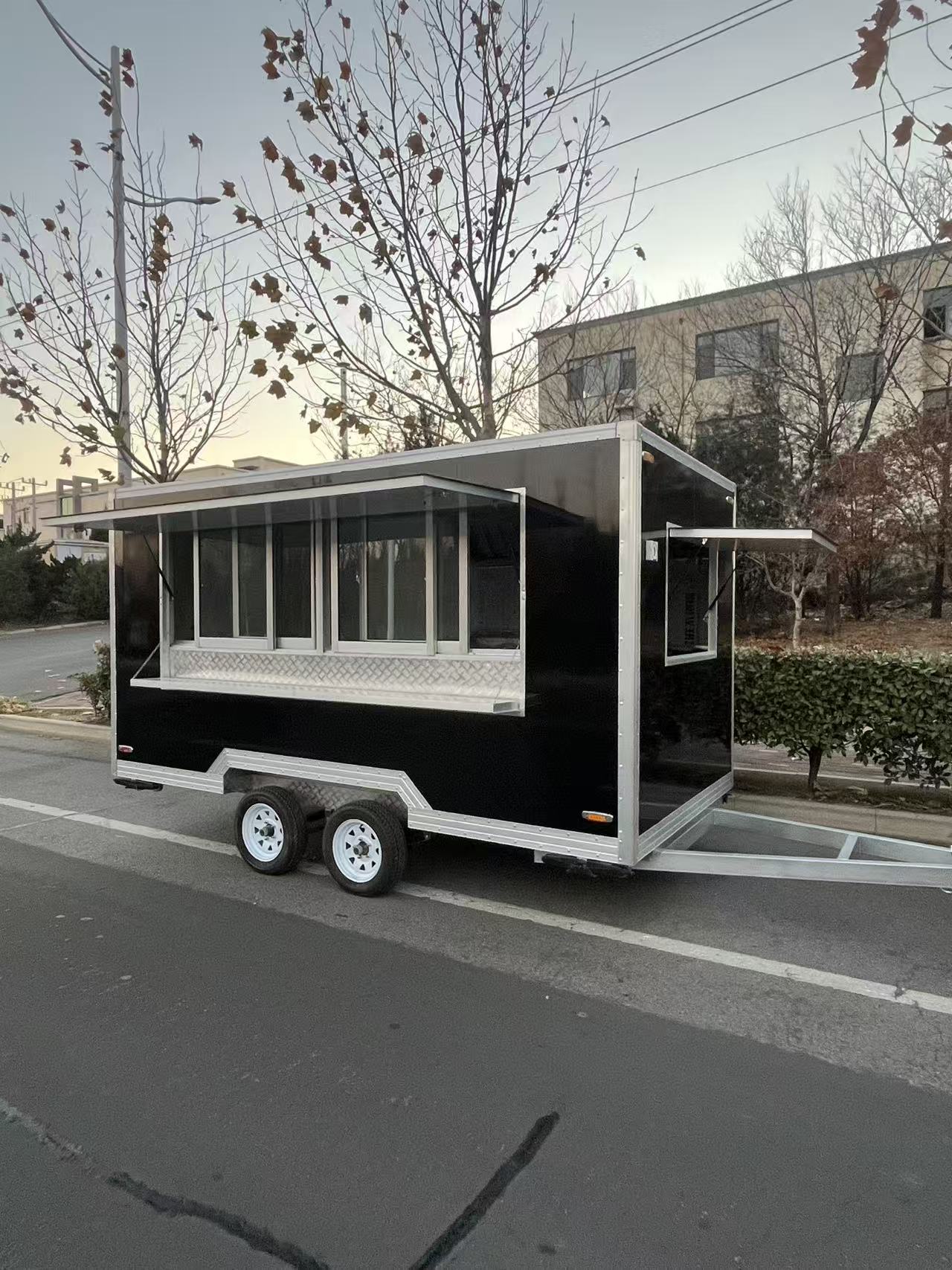 Trailer-type black mobile food truck, commercial multi-functional street food cart, coffee and milk tea mobile vending cart