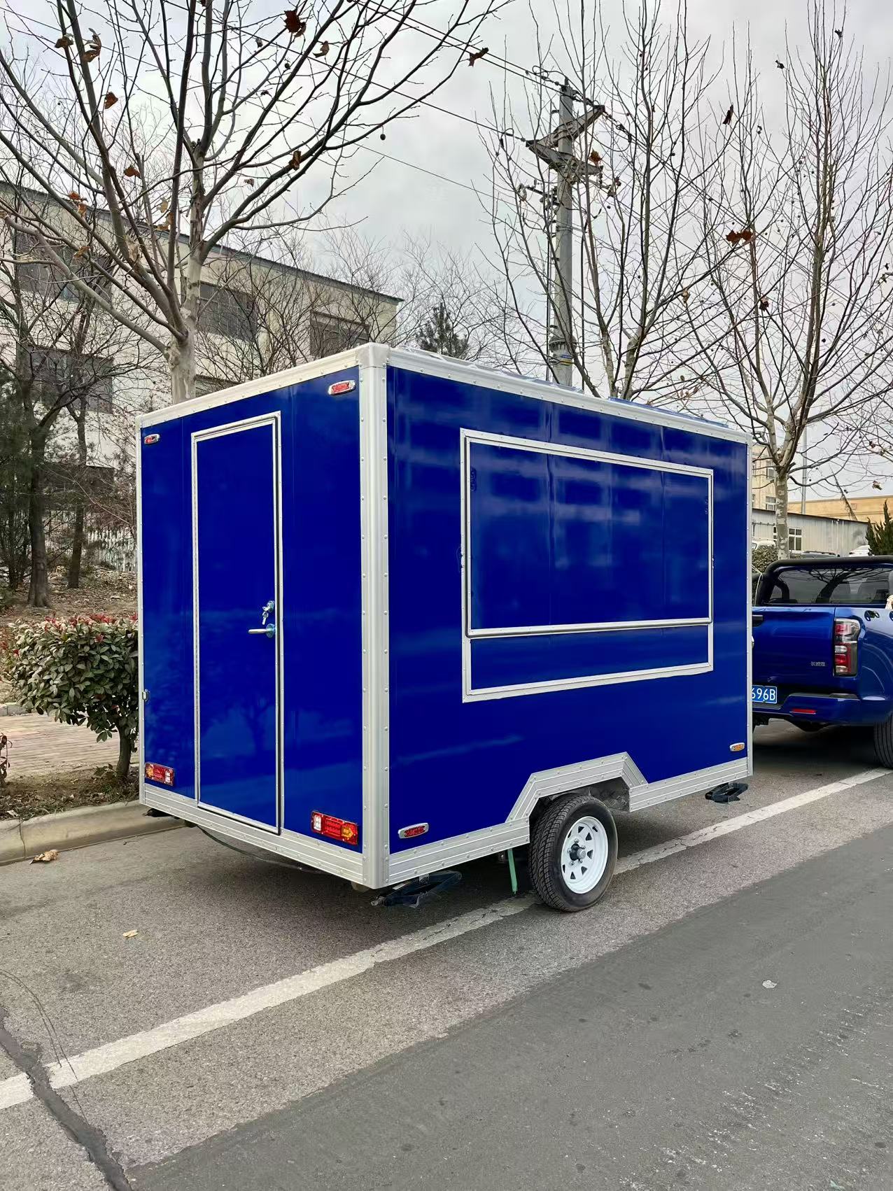 Vibrant Blue Compact Mobile Food Trailer – Portable Street Food Cart for Small Business