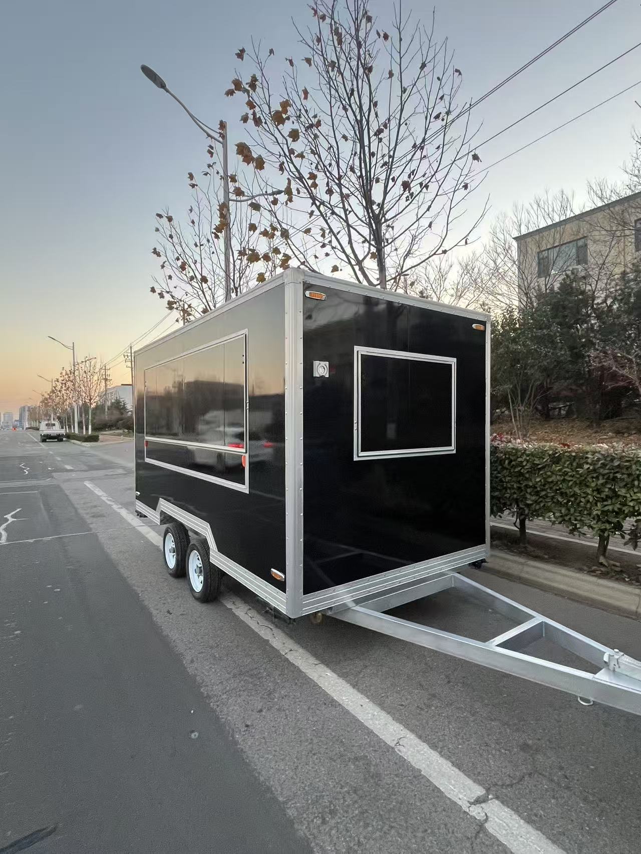 Trailer-type black mobile food truck, commercial multi-functional street food cart, coffee and milk tea mobile vending cart