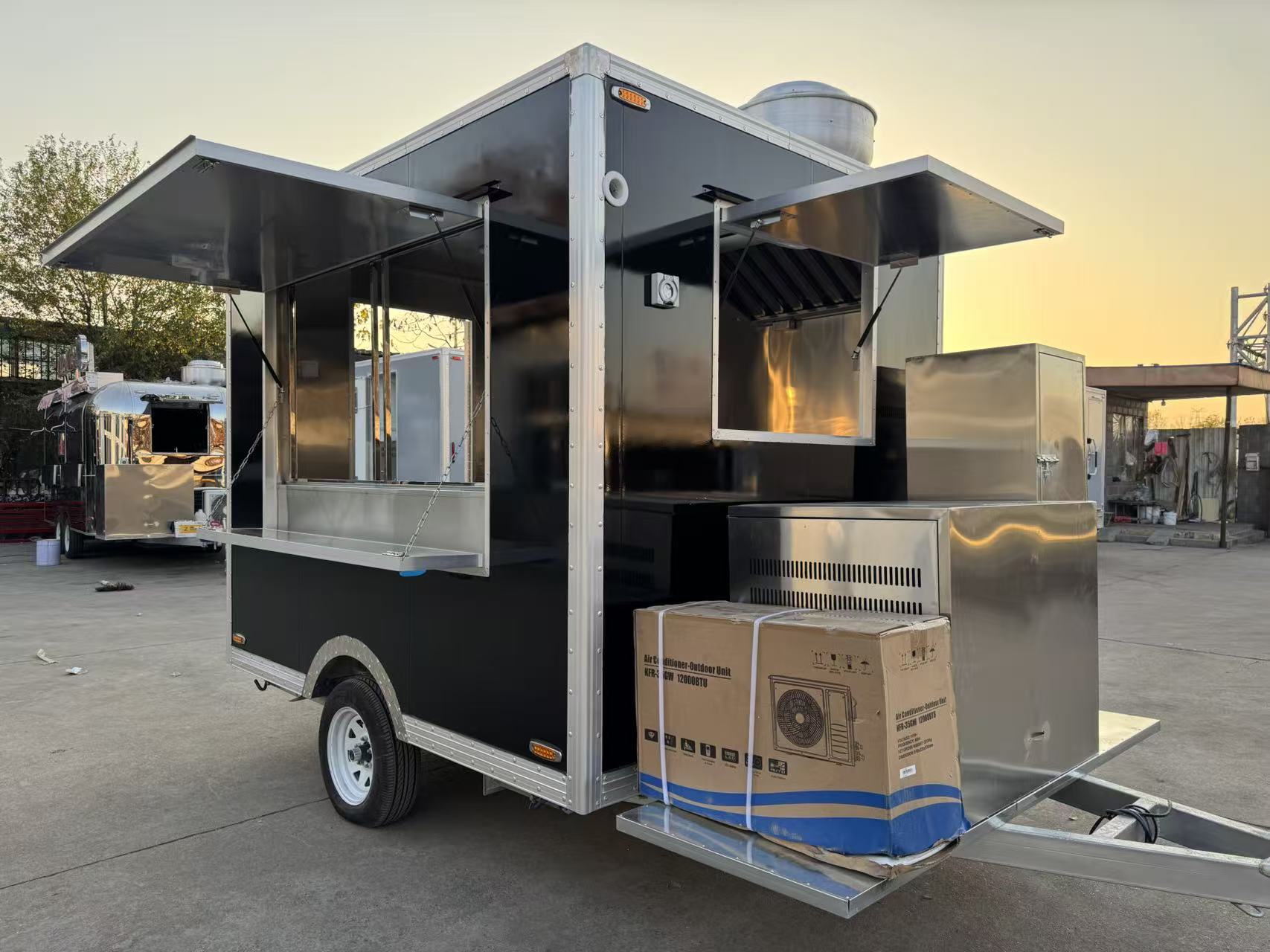 Street Food Event Black Square Mobile Food Trailer | Towable Concession Cart with Service Awning