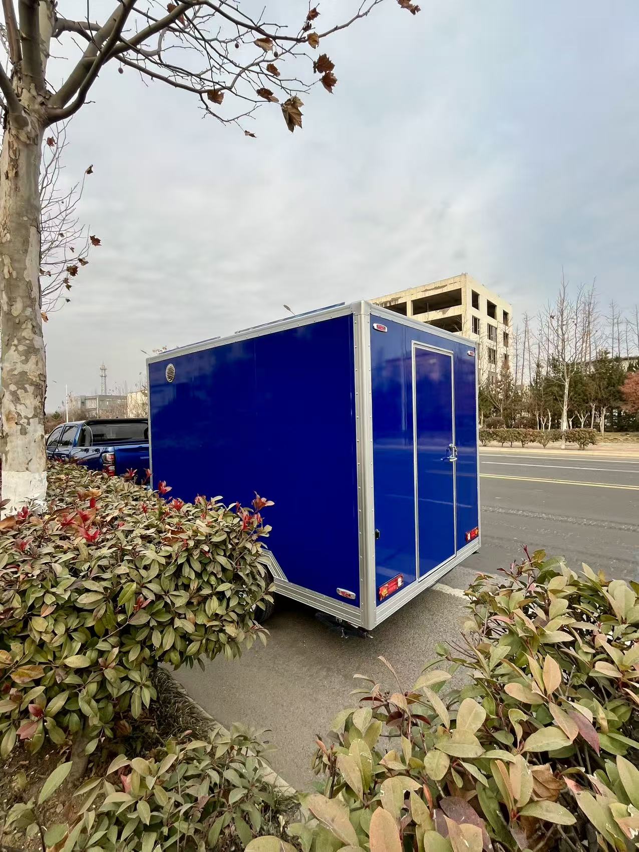 Vibrant Blue Compact Mobile Food Trailer – Portable Street Food Cart for Small Business