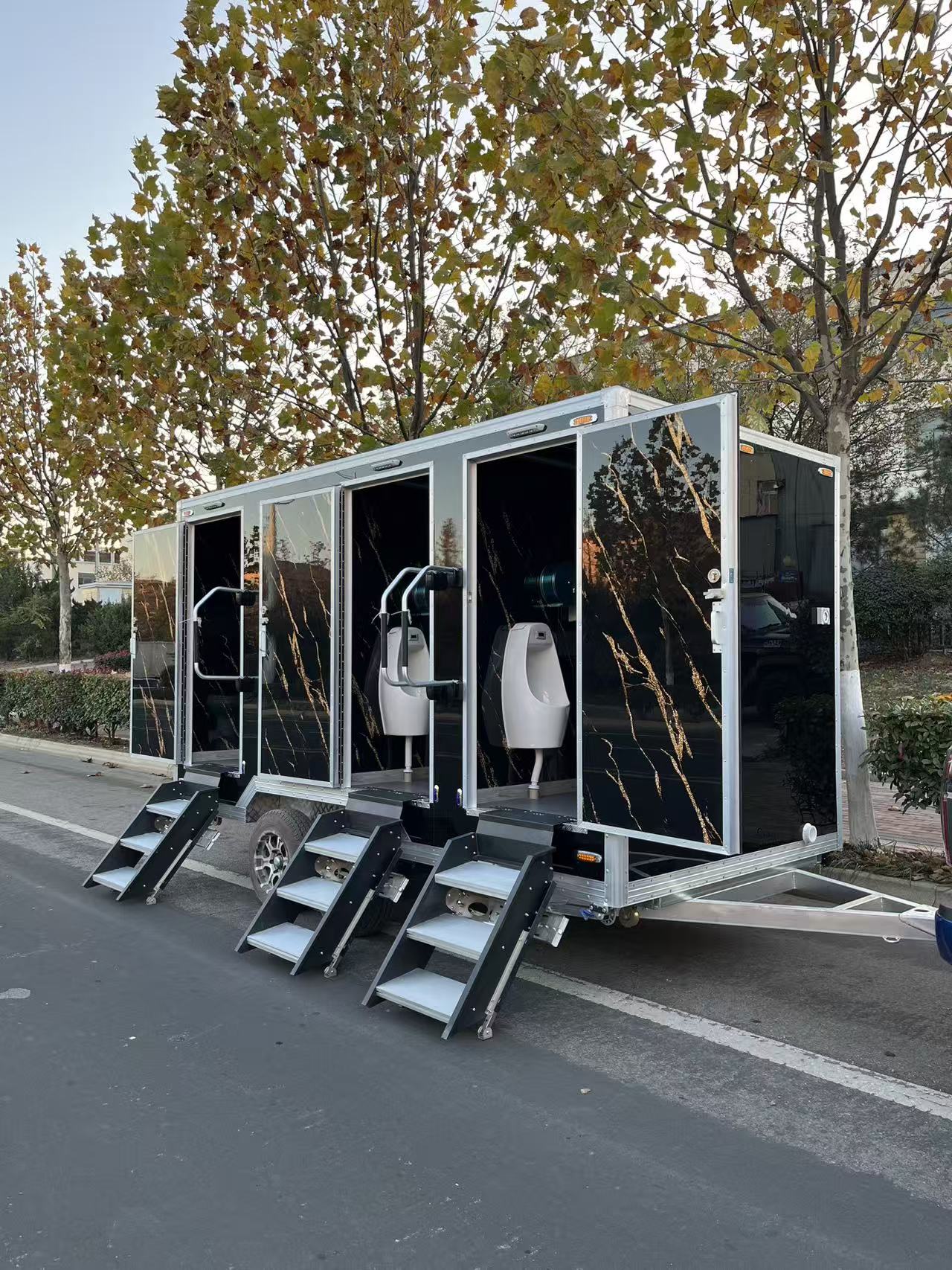 Quick-Setup Luxury Mobile Restroom | Multi-Stall Portable Toilet Trailer (Black Marble Design)