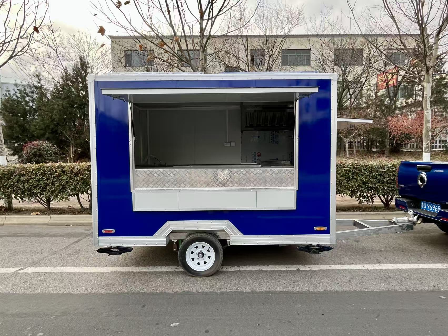 Vibrant Blue Compact Mobile Food Trailer – Portable Street Food Cart for Small Business
