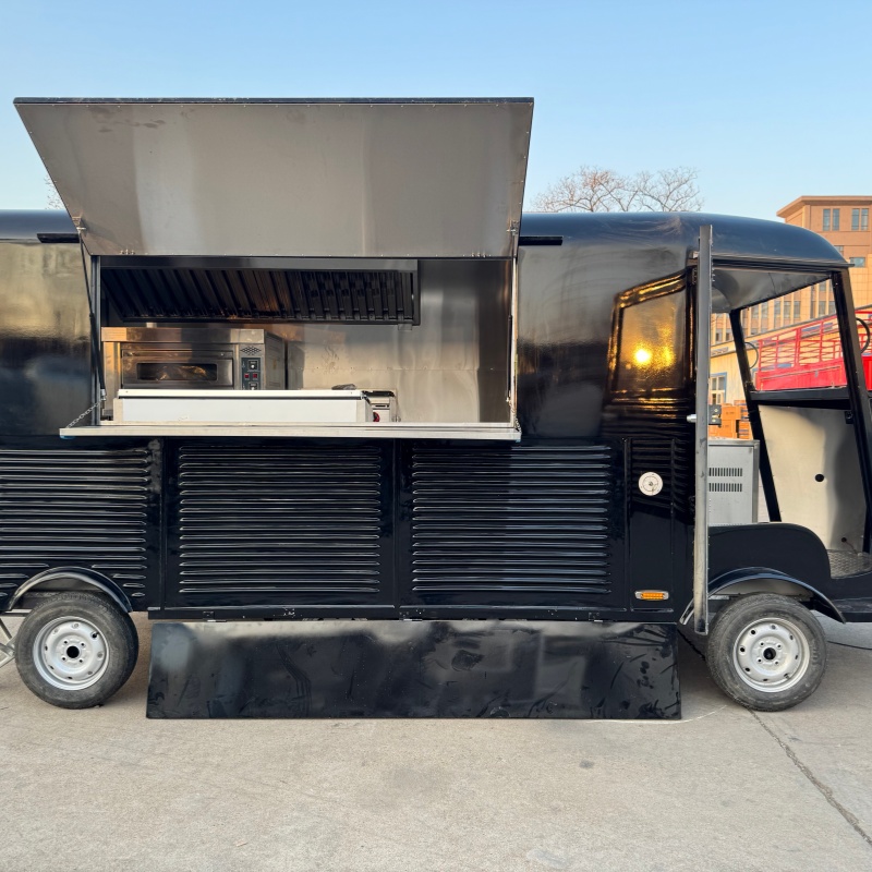 Retro-style black mobile food truck: A must-have for setting up stalls at popular markets and music festivals