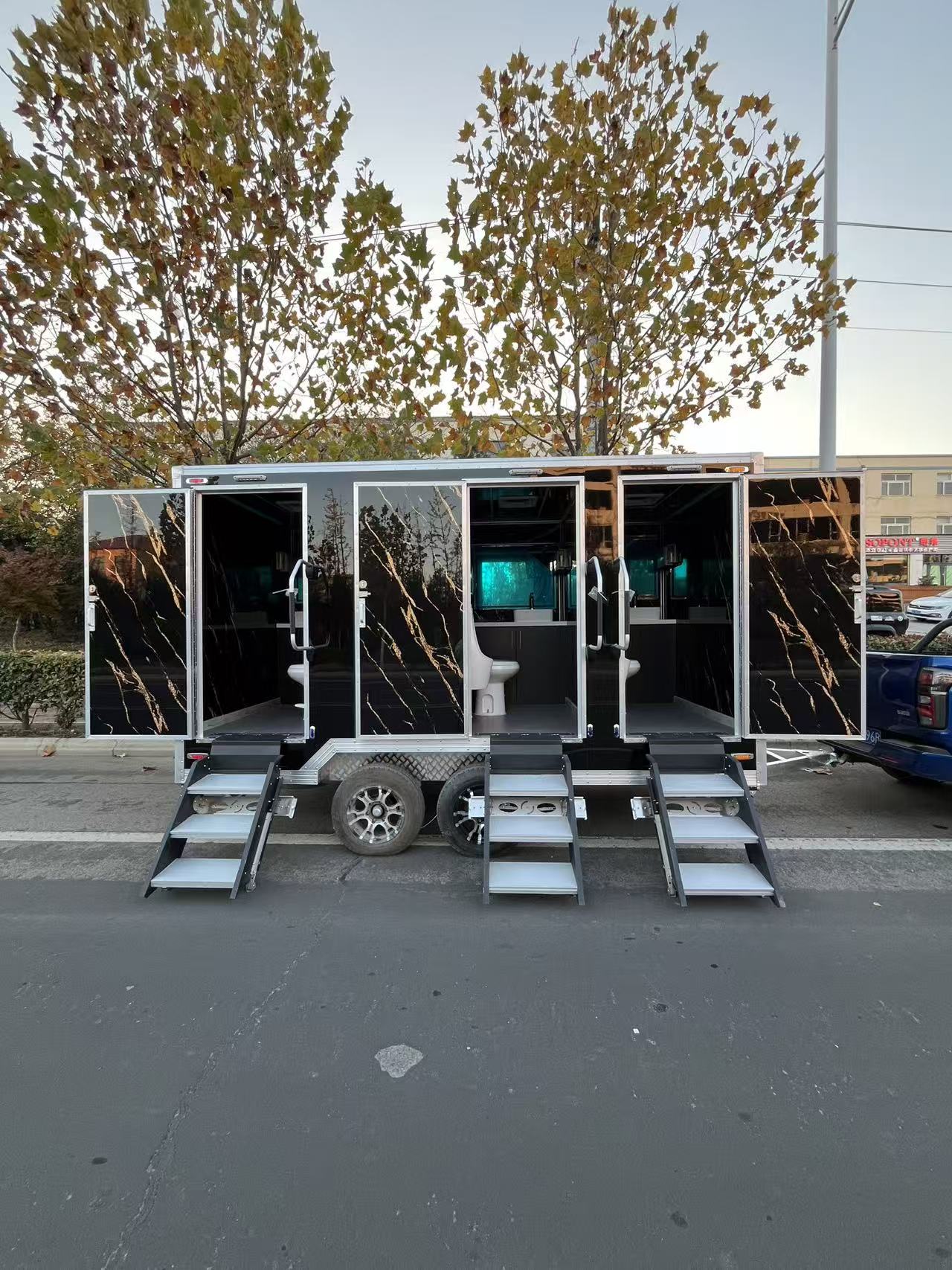 Quick-Setup Luxury Mobile Restroom | Multi-Stall Portable Toilet Trailer (Black Marble Design)