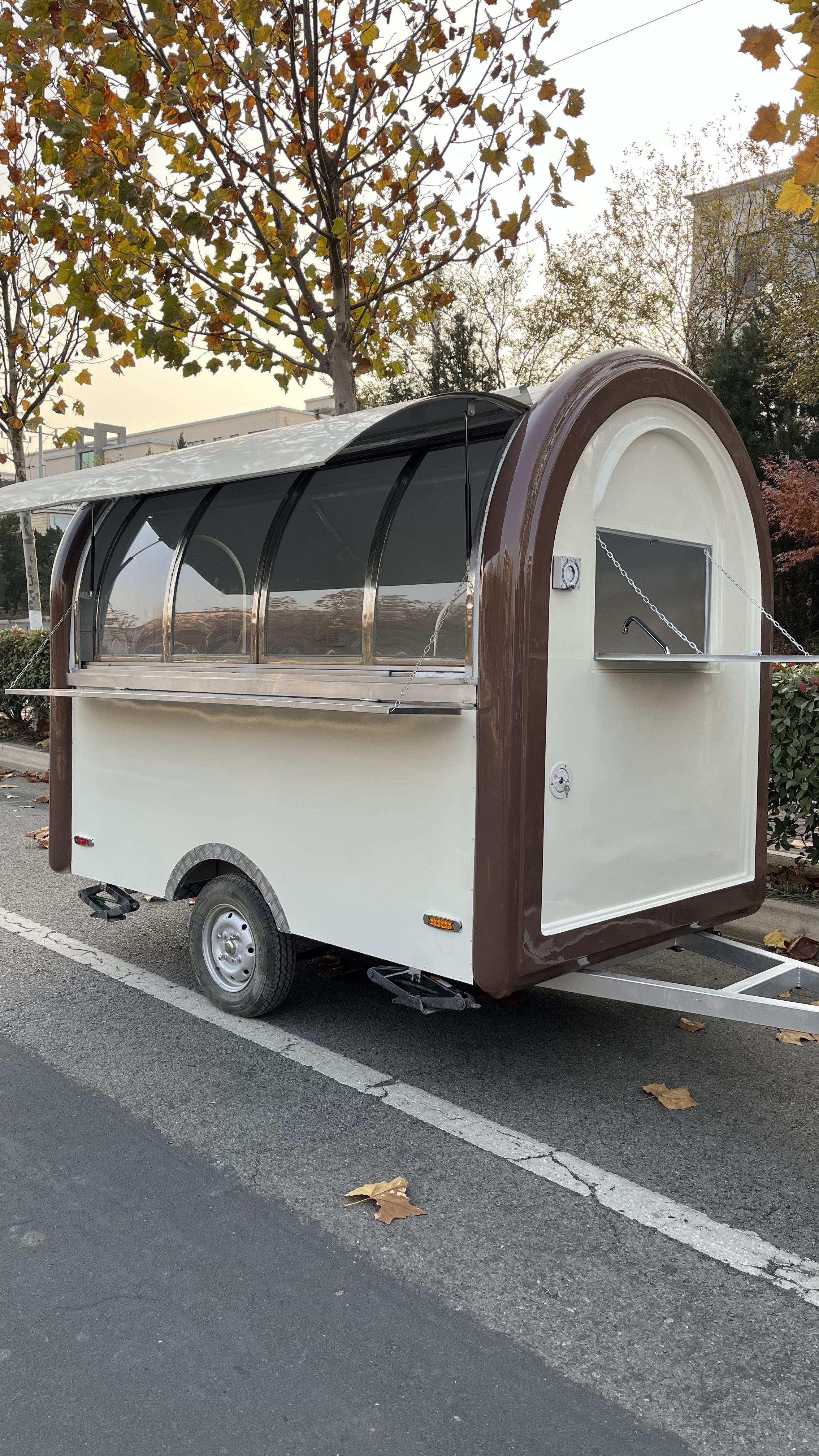 Arc-Style Brown & White Mobile Concession Trailer | Transparent Service Window Towable Food Vendor Cart