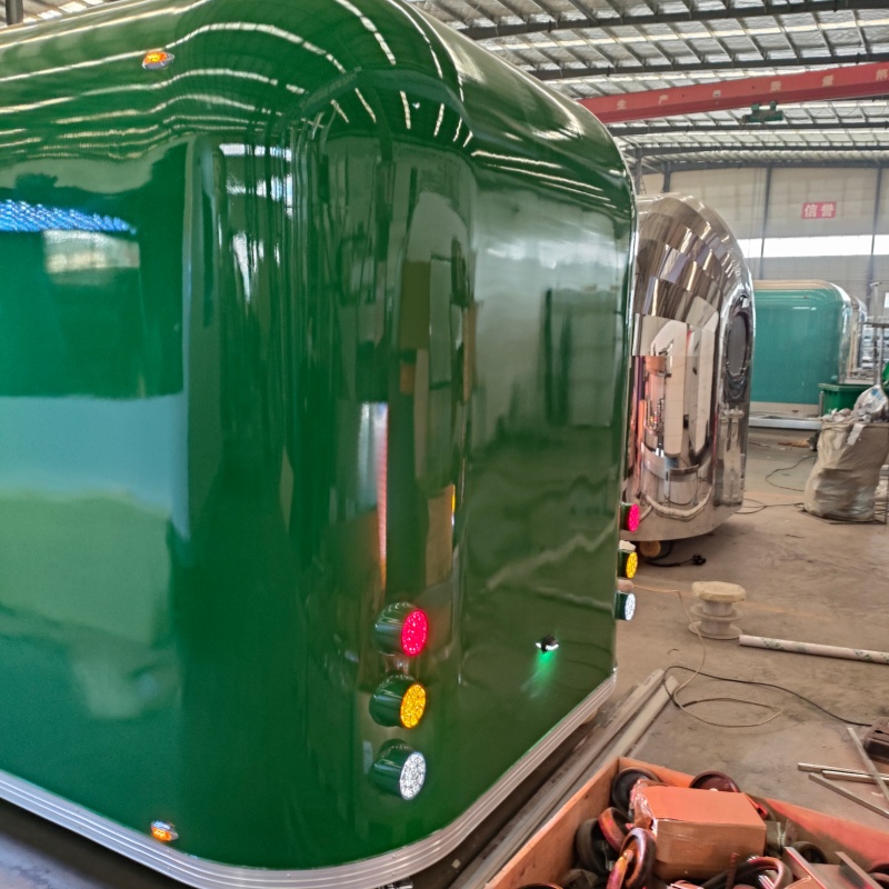 Customized bright green mobile food truck with built-in kitchen equipment, street view stall food truck